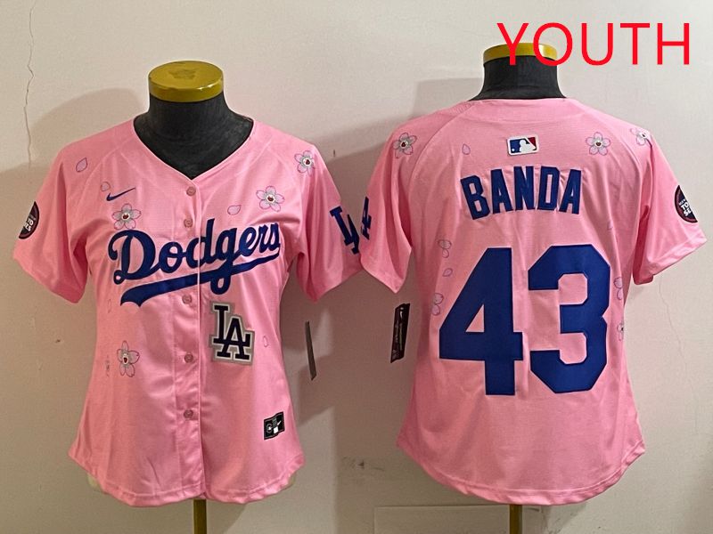 Youth Los Angeles Dodgers #43 Banda Pink White Blue Sakura Edition 2025 Nike MLB Jersey style 10->youth mlb jersey->Youth Jersey